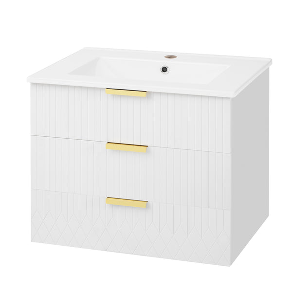 English Elm 24inch Bathroom Vanity with Sink - Wall-Mounted Floating Combo with Ceramic Basin, Modern L-Handle Design White N710S324097K