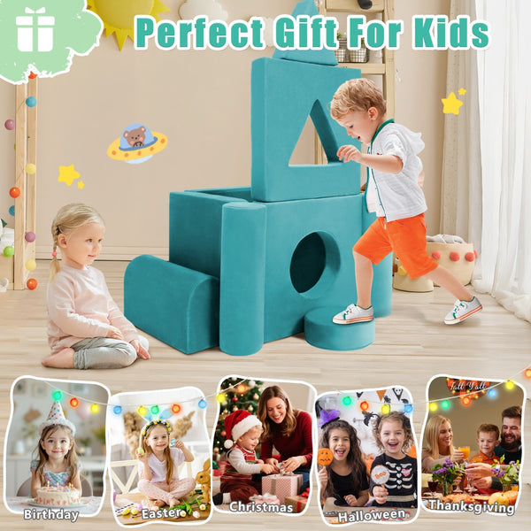 English Elm 11pcs Modular Foam Play Couch Set for Kids Velour Washable Toddler Playroom Builder Cyan T5880P493425