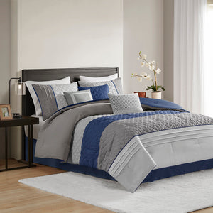 JLA Home Madison Park - 7 Piece Color Block Stripe Comforter Set with Embroidered Pillows, Hypoallergenic Microfiber, OEKO-TEX Care Blue MP10-8322