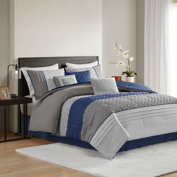 JLA Home Madison Park - 7 Piece Color Block Stripe Comforter Set with Textured Embroidered Pillows, Hypoallergenic, OEKO-TEX Certified Blue MP10-8321