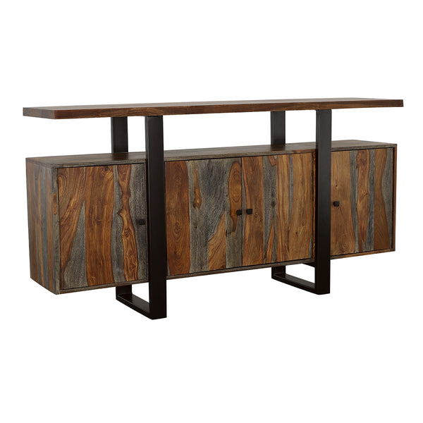 English Elm Kappelman Grey Sheesham Industrial 4-Door Server with Dual Countertops and U-Shaped Metal Legs B062P353472