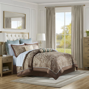 English Elm 12 Piece Comforter Set - Elegant Blue/Brown Jacquard With Soft Cotton Sheets For King Beds B035128824