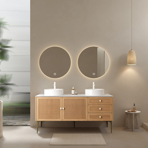English Elm MUNIN Oak Bathroom Vanity with Double Ceramic Vessel Sinks, Sintered Stone Top, Preassembled, Soft-Close W2615S00055