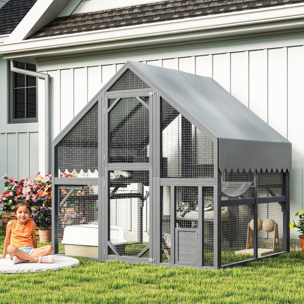 English Elm Cat, Outdoor Wood Enclosure Multi-level Shelter with Platforms Resting Boxes Waterproof Canopy W1598S00039