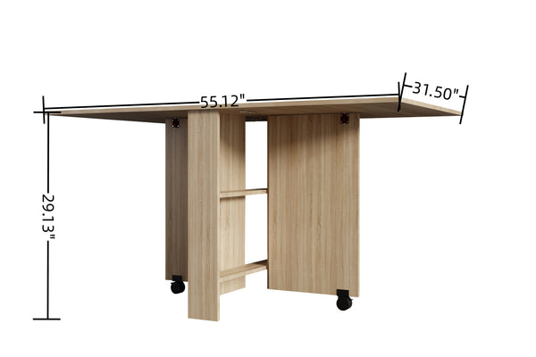 English Elm DFW Folding Dining Table with 2 Wheels, 2-Tier Storage Shelves, Space-Saving Pear Wood Design W2301P208432