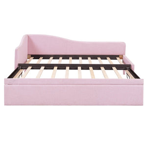 English Elm Twin L-shaped Linen Upholstered Daybed with Hydraulic Pop-up Trundle for Guest Rooms Pink SF000193AAH-1