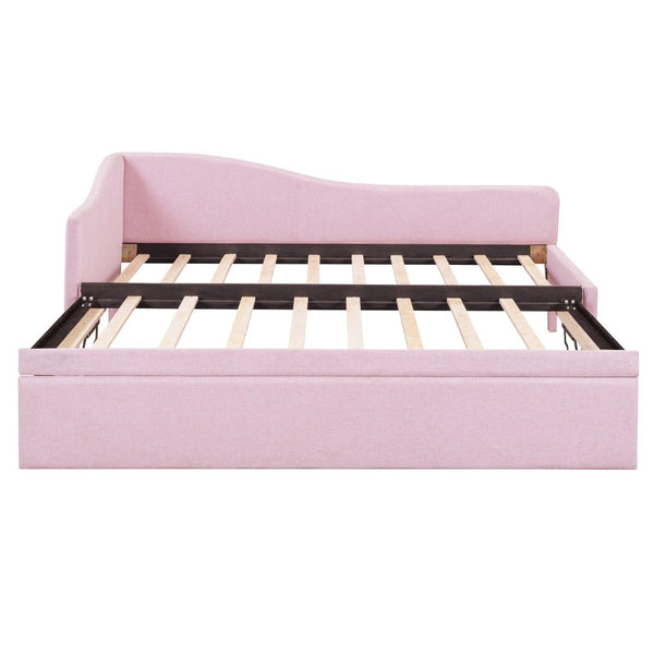English Elm Twin L-shaped Linen Upholstered Daybed with Hydraulic Pop-up Trundle for Guest Rooms Pink SF000193AAH-1