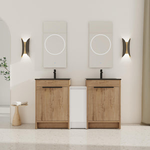 English Elm 60 Inch Freestanding Bathroom Vanity With Black Sink, Soft-Close Doors & Ample Storage Space W999S00322