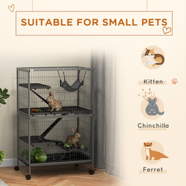 English Elm PawHut 50" 5-Tier Small Animal Cage with Hammock, Heavy-Duty Steel, 4 Doors, Removable Tray, Gray W2225P200802