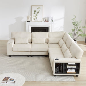 English Elm 102.75*102.75" L-Shaped Modular Sectional Sofa with Corduroy Upholstery, Storage Arm, Cup Holder, 5-Seat Convertible Lounge Beige W1926S00053