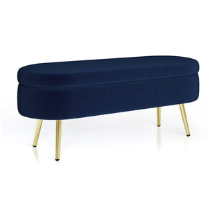 English Elm Ottoman Oval Flannel Storage Bench with Matte Metal Legs for Bedroom or Living Room Dark Blue W487P438630