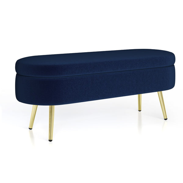 English Elm Ottoman Oval Flannel Storage Bench with Matte Metal Legs for Bedroom or Living Room Dark Blue W487P438630