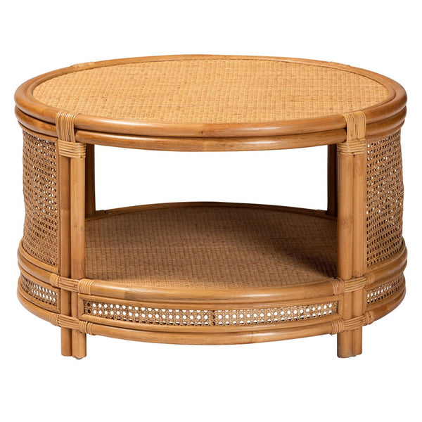 English Elm Modern Rattan Round Coffee Table with Open Weave Frame and Lower Shelf for Living Rooms B2750P467693