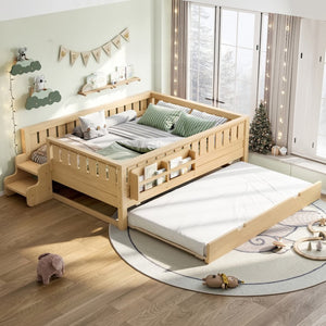 English Elm Twin Kids Platform Bed with Trundle Staircase Bookshelf and Rounded Safety Rails Light Natural W1580S00560