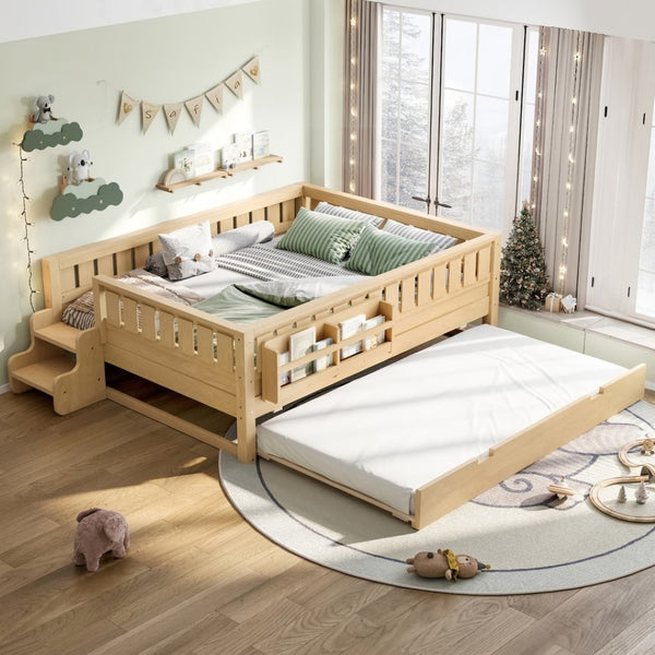 English Elm Twin Kids Platform Bed with Trundle Staircase Bookshelf and Rounded Safety Rails Light Natural W1580S00560