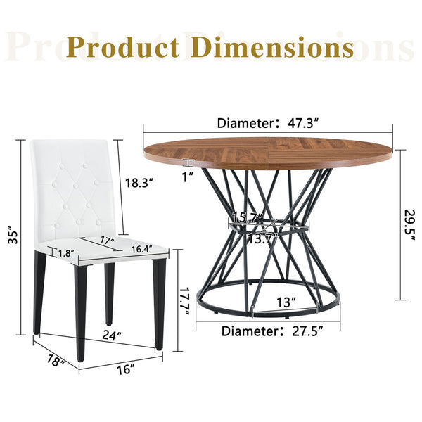 English Elm Table Set Walnut Round Dining for 6 with White Pu Chairs and Matte Black Metal Base W1151S04850