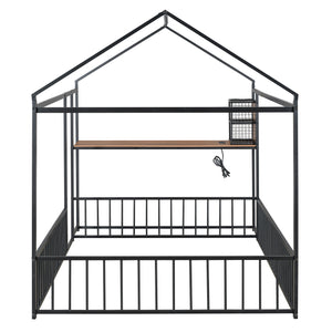 English Elm Full Size Metal House Bed Frame with Desk, Shelves, USB Power Ports & Playful Roof for Kids Room Delight Black N737P173491B
