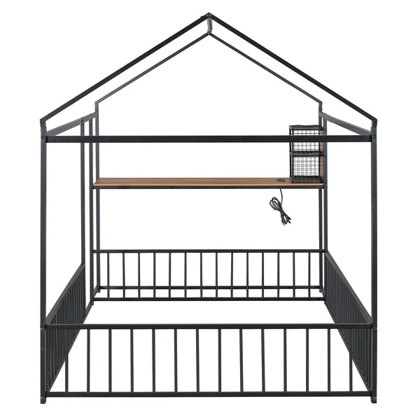 English Elm Full Size Metal House Bed Frame with Desk, Shelves, USB Power Ports & Playful Roof for Kids Room Delight Black N737P173491B