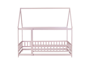 English Elm Full Size House Floor Bed With Roof Frame & Guardrails - Cozy Pink Wooden Design For Kids W504P286410