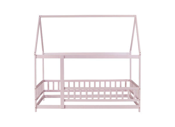 English Elm Full Size House Floor Bed With Roof Frame & Guardrails - Cozy Pink Wooden Design For Kids W504P286410
