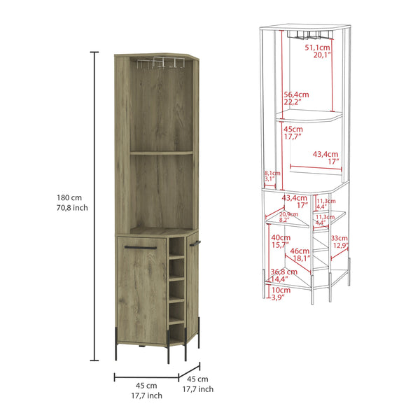 English Elm Hans Corner Bar Cabinet Macadamia Beige – 5 Wine Rack, 9-Glass Stemware Holder, 2 Shelves, 2 Doors, Space-Saving Design B200S00181