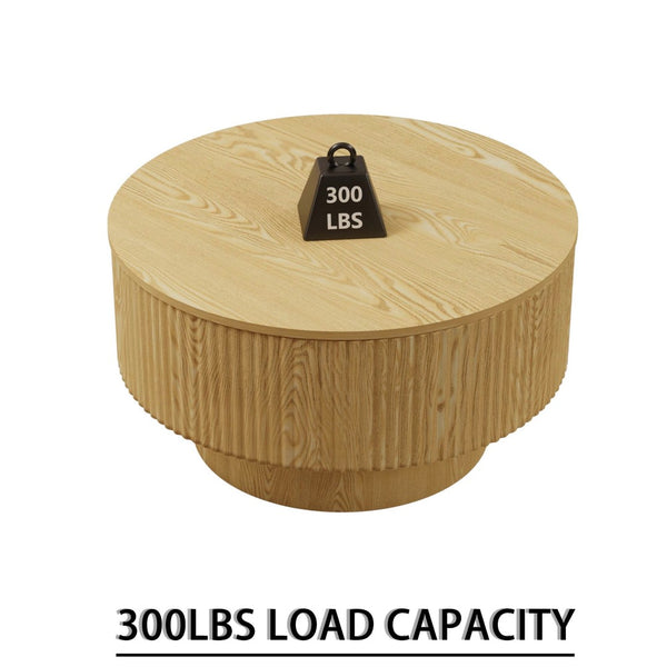 English Elm 29.53 Inch Round Mdf Coffee Table with Grooved Sides and Concealed Storage for Living Rooms W2189P320662
