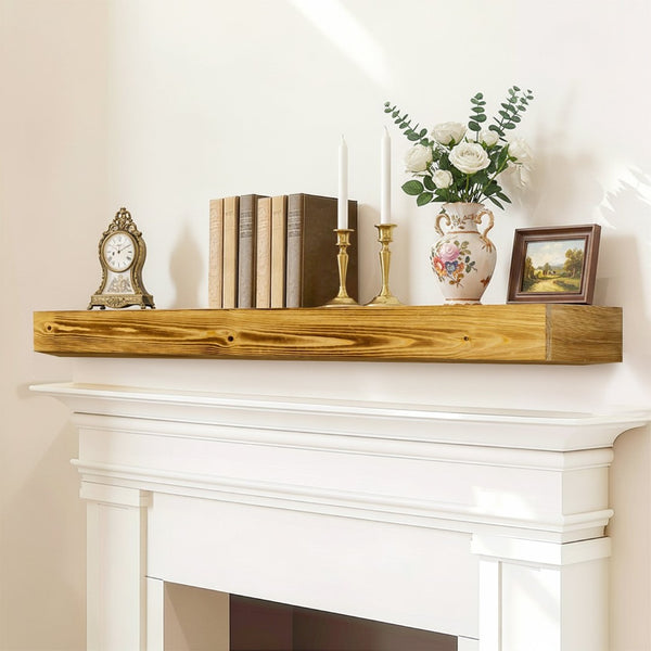 English Elm 60" Solid Pine Floating Mantel Shelf with Concealed Brackets for Rustic Living Rooms Natural Wood+Caramel W3204P429119