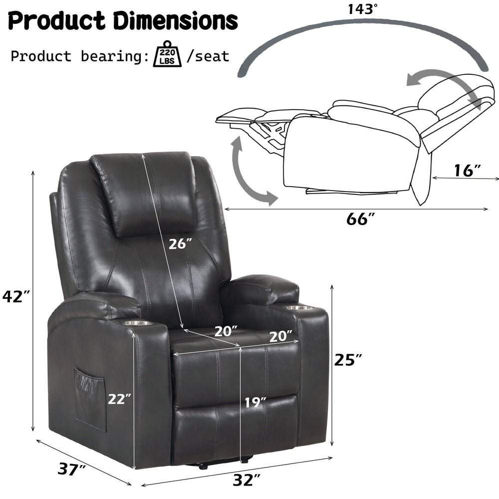 English Elm Gunmetal Leather Aire Power Lift Recliner with Massage, 2 Cup Holders, Pocket Coil Seat, 143° Recline B2726P405705