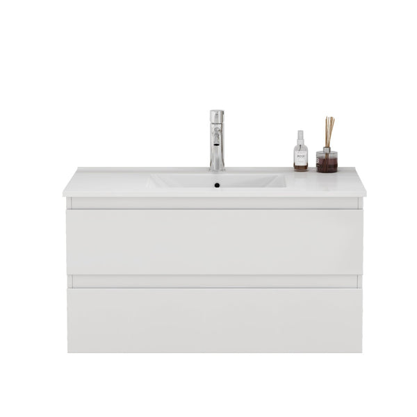English Elm 36-inch Glossy White Bathroom Vanity with Ceramic Sink Soft Close Drawers Minimalist W3151S00065