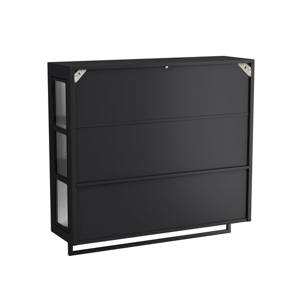 English Elm Bathroom Wall Cabinet with 3 Doors and Glass Panel, MDF Storage Cabinet with Towel Bar, Modern 35.6"L x 10.2"W x 32.5"H Black W757P329724