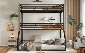English Elm Twin Triple Metal Bunk Bed Matte Powder Coated Frame with Full Safety Guardrails Black W1580S00584