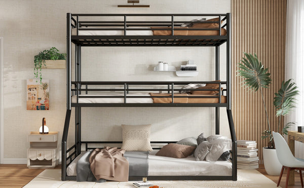 English Elm Twin Triple Metal Bunk Bed Matte Powder Coated Frame with Full Safety Guardrails Black W1580S00584