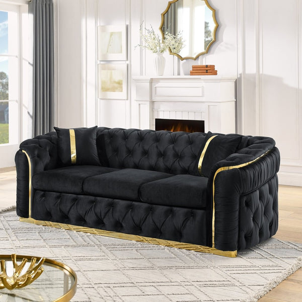 English Elm 2pcs Italian Velvet Chesterfield Sofa Set Tufted Three Seater with Gold Steel Legs W1191S00042