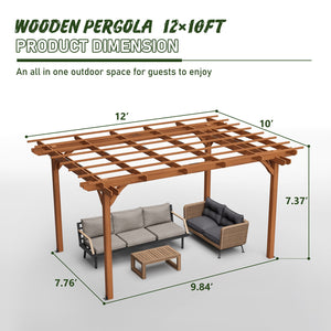 English Elm 12 12 x 10 FT Outdoor Wood Pergola with Waterproof Finish, Sturdy Brown Wooden Grape Trellis for Garden Patio Deck Support W1422S00054