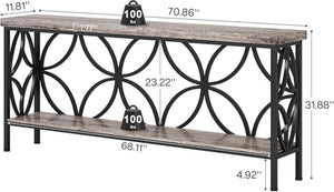 English Elm Coffee Console Table Industrial Metal Frame Vintage Wood Grain 2 Tier Entryway Sofa Black,Gray T3971P446598