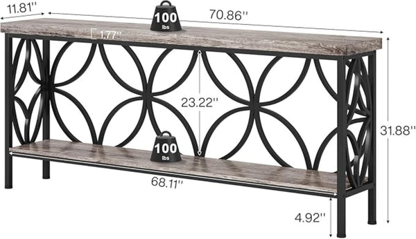 English Elm Coffee Console Table Industrial Metal Frame Vintage Wood Grain 2 Tier Entryway Sofa Black,Gray T3971P446598