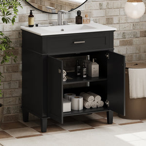 English Elm 30-inch bathroom vanity with ceramic basin, solid wood frame, soft-close doors and adjustable shelves for organized style and lasting durability Black N729P173380B