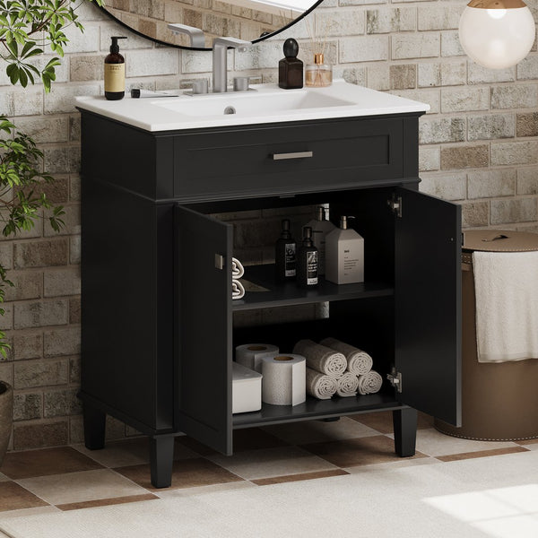 English Elm 30-inch bathroom vanity with ceramic basin, solid wood frame, soft-close doors and adjustable shelves for organized style and lasting durability Black N729P173380B