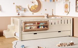 English Elm Twin Kids Platform Bed with Trundle Staircase Bookshelf and Rounded Safety Rails Beige W1580S00556