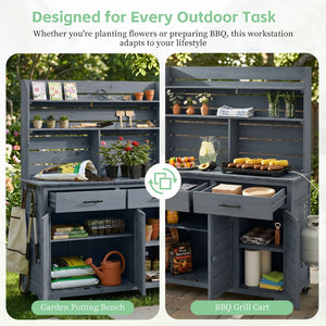 English Elm (assembly Video) Topmax Solid Fir Outdoor Potting Bench Grill Cart with Hutch Storage Gray N717P404333E
