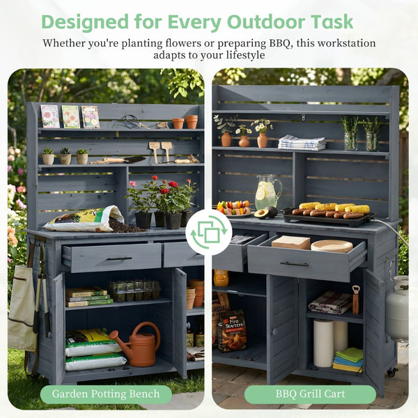 English Elm (assembly Video) Topmax Solid Fir Outdoor Potting Bench Grill Cart with Hutch Storage Gray N717P404333E