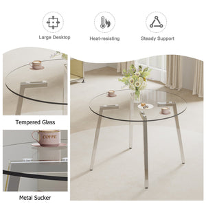 English Elm Modern circular tempered glass dining table with silver metal legs, minimalist clear top for airy spaces W1512P371582