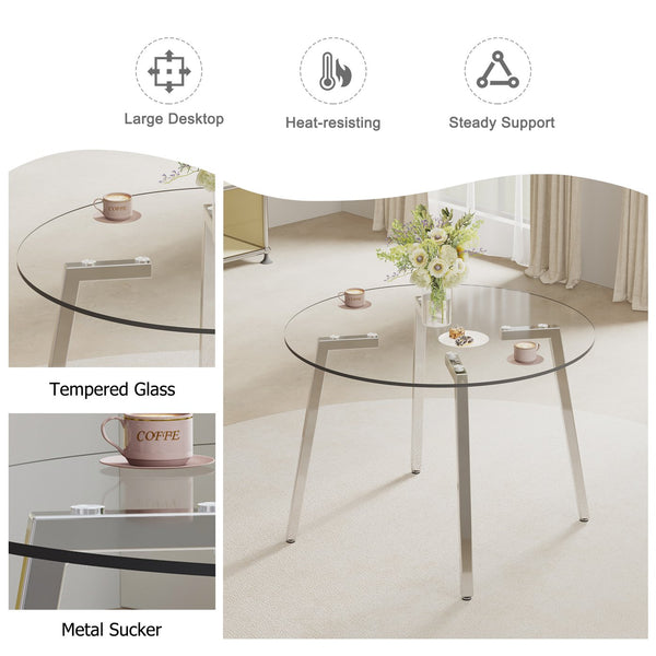 English Elm Modern circular tempered glass dining table with silver metal legs, minimalist clear top for airy spaces W1512P371582