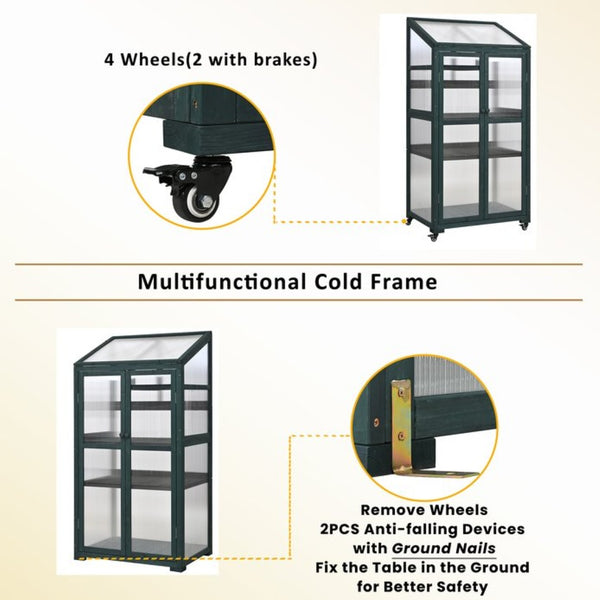 English Elm Topmax Fir Wood Portable Greenhouse with Polycarbonate Panels Adjustable Shelves and Casters N717P221494F