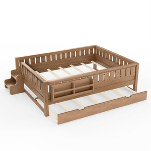 English Elm Queen Bunk Bed with Trundle Solid Pine Kids Car Themed Frame Built-in Bookshelf Natural W1580S00564