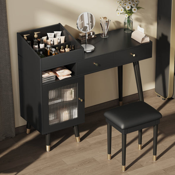 English Elm Modern Makeup Vanity Desk with Reeded Glass Door, 4-Compartment Cubby, Charging Port & Stool Comfortable Craftsmanship for Compact Spaces Black N844P285187B