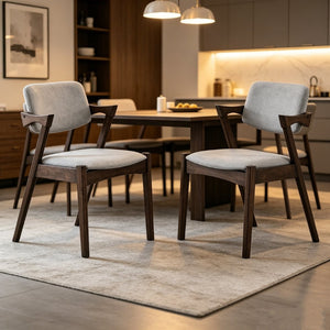 English Elm Set of 2 Gray Upholstered Mid-century Arm Chairs with Rubberwood Frame Open Back B2770P508245