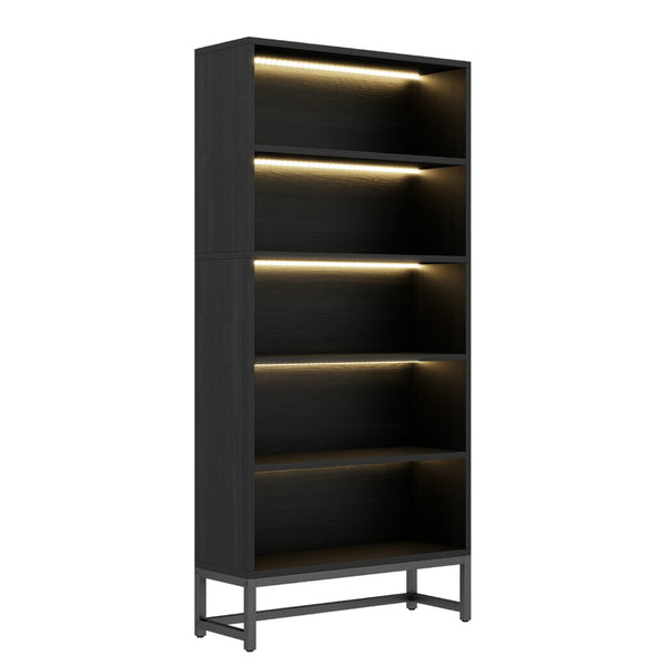 English Elm Tall Five Tier Bookcase with Led Shelf Lighting White Mdf Frame Living Room Display W3204P454081
