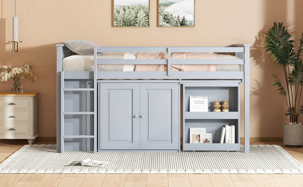 English Elm Twin Loft Bed Rubberwood Frame Pull Out Desk Storage Cabinet and Shelf Kids Room Grey W504S00287