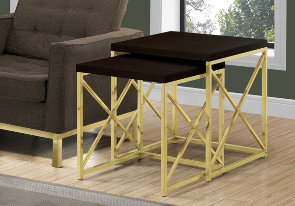English Elm Nesting Tables Set of 2 Espresso with Gold Metal Frame — Space-Saving Accent Side Tables for Living Room B2710P219229